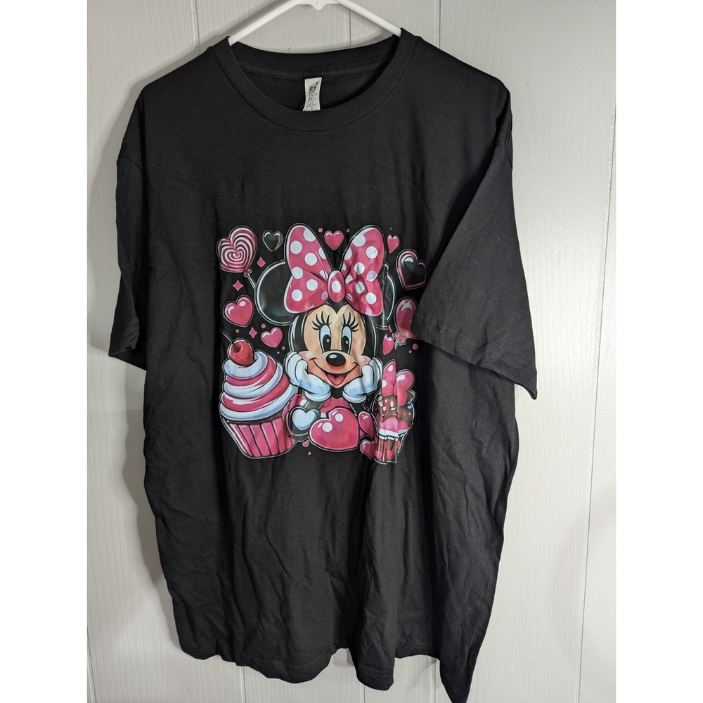 Minnie Mouse Valentines Happy Fun treats heart Black short sleeve t-shirt top XL